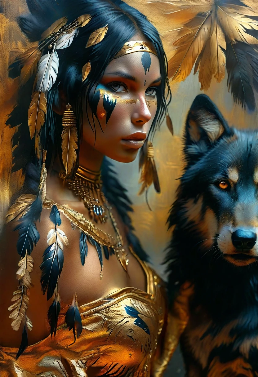 Picture of a woman with Apache feathers and a black wolf, airbrush, draped in gold, loincloth, Native American makeup, warrior girl, oil on canvas detail, wolp, formidable and seductive, beautiful aesthetic, artistic 8 k, beautiful avatar 8 k post, ashe, artgerm detail, ceremonial, beautiful wallpaper" --ar 3:5