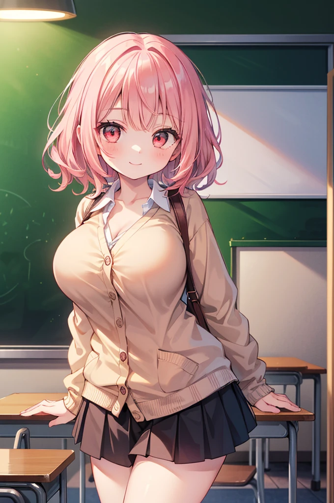 Fantasy,((Masterpiece)),((high resolution)),((Best Quality)),Anime illustration,(((1girl))),,(wavy hair),(short hair),(pale pink hair color),small ponytail,Red eyes,(Big round eyes),((tareme)),,((loli face)),ry big breasts)),Short stature,Young,,,cardigan,mini skirt,smile,Ladylike,classroom,