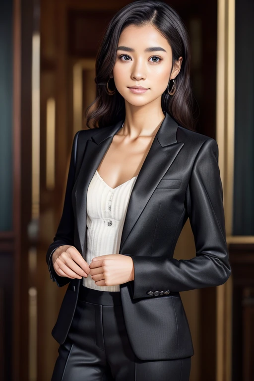 (Masterpiece, top quality, anatomically correct, textured skin, 8K) Alafed woman in black suit posing for photo, portrait inspired by Tadashi Nakayama, Flicker, What is it? , bisexual, jacket with upper body, wearing black aristocratic suit, bisexual person, wearing black suit, girl in suit, wearing black modern clothes, portrait of bisexual girl, fashion portrait photography