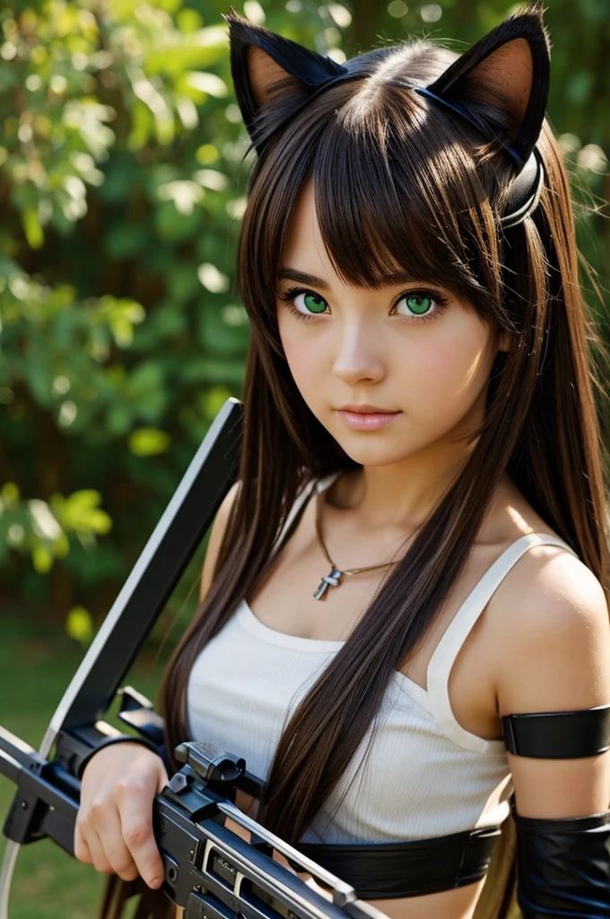 Anime girl, with cat ears with a crossbow, brunette with green eyes