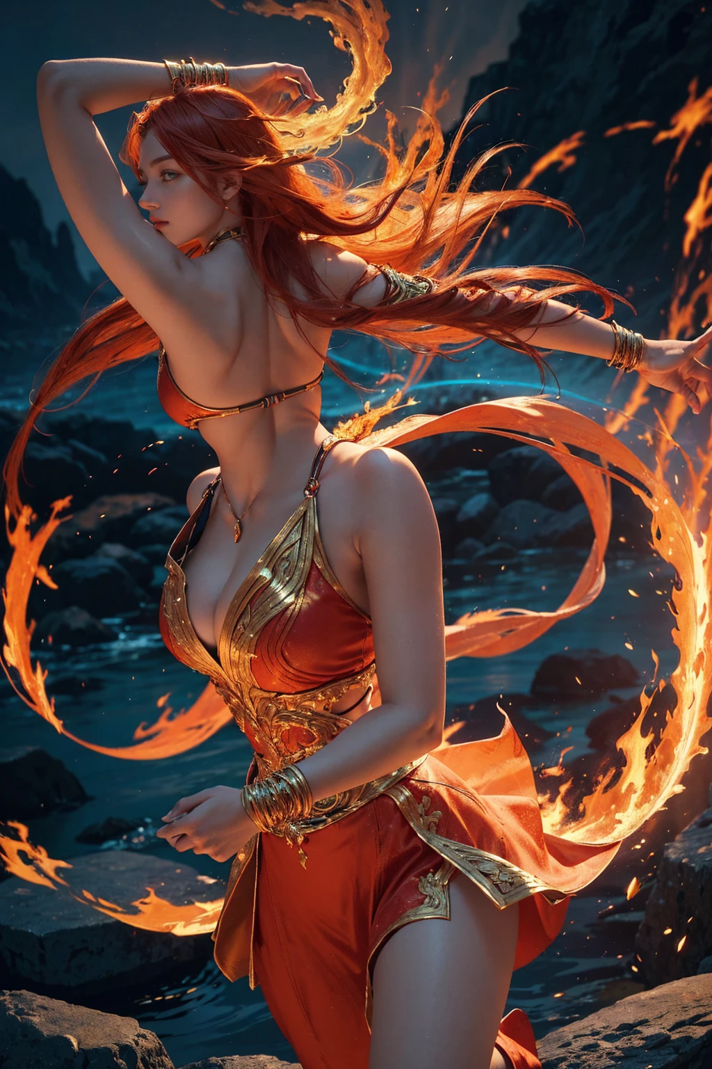 A captivating 3D rendering of the mythical Fiery Beauty, portrayed in a powerful and seductive form. Her glowing golden skin brims with energy and her fiery reddish-orange hair flows down her back, accentuating her powerful stance as she holds aloft her flaming sword. The deep blue background is lit by celestial rays, creating a mesmerizing glow that highlights the vibrant colors and exquisite details. This cinematic, conceptual piece of artwork transports the viewer to a world of myth and legend, capturing the valiant spirit of the Fiery Beauty.
