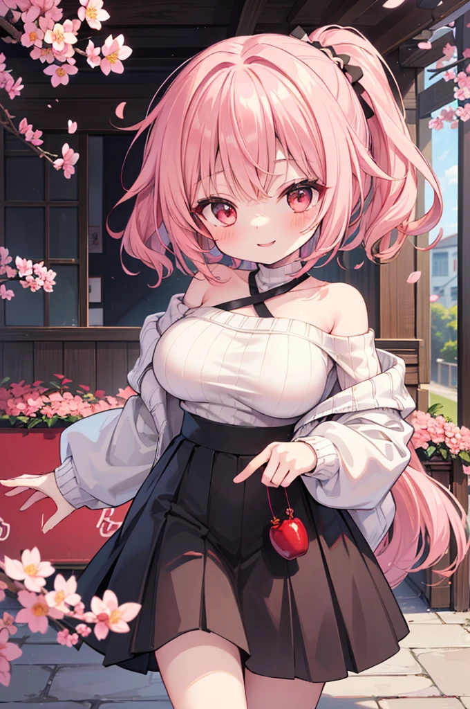 ((Masterpiece)),((high resolution)),((Best Quality)),Anime illustration,(((1girl))),,(wavy hair),(short hair),(pale pink hair color),small ponytail,Red eyes,(Big round eyes),((tareme)),15 years old,((loli face)),((very big breasts)),Short stature,,Off-the-shoulder sweater,(long maxi skirt),smile,Ladylike,cherry blossoms,