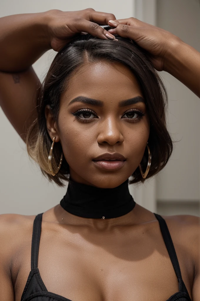 "Creates an image of a dark-skinned woman with a short blonde bob hairstyle, posing for a modeling shoot. She has impeccable makeup with well-defined eyebrows, strong black eyeliner, voluminous eyelashes, and lips bright roses. She wears a nose piercing and a cherry earring. The scene is professionally lit, highlighting the details of her makeup and hair. She is dressed in a black bodycon dress. , posing with an intense expression, one hand in her hair and the other lightly touching her neck."