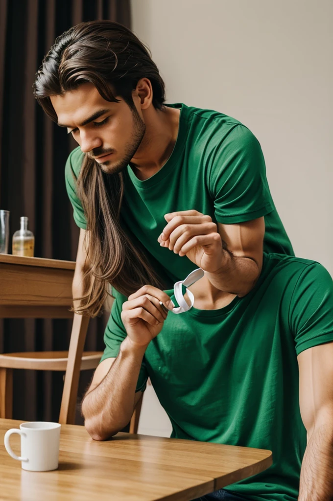 He sat by the side Leaning body Free hair Tie hair Green t-shirt Dining table