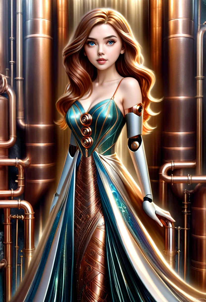 A stunning robot made of copper piping with hair made of intricate copper piping, cascading down like a metallic waterfall. She wears a dress fashioned from delicate, interwoven copper pipes, glinting under the light. Her visage is a mesmerizing blend of Alison Brie, Scarlett Johansson, and Dove Cameron, creating a unique, symmetrical face that exudes elegance and grace. The entire scene is rendered in photorealistic quality, capturing every fine detail with stunning clarity. The overall artwork is a masterpiece, presented in 8K high resolution, showcasing the top-quality craftsmanship and artistic vision.