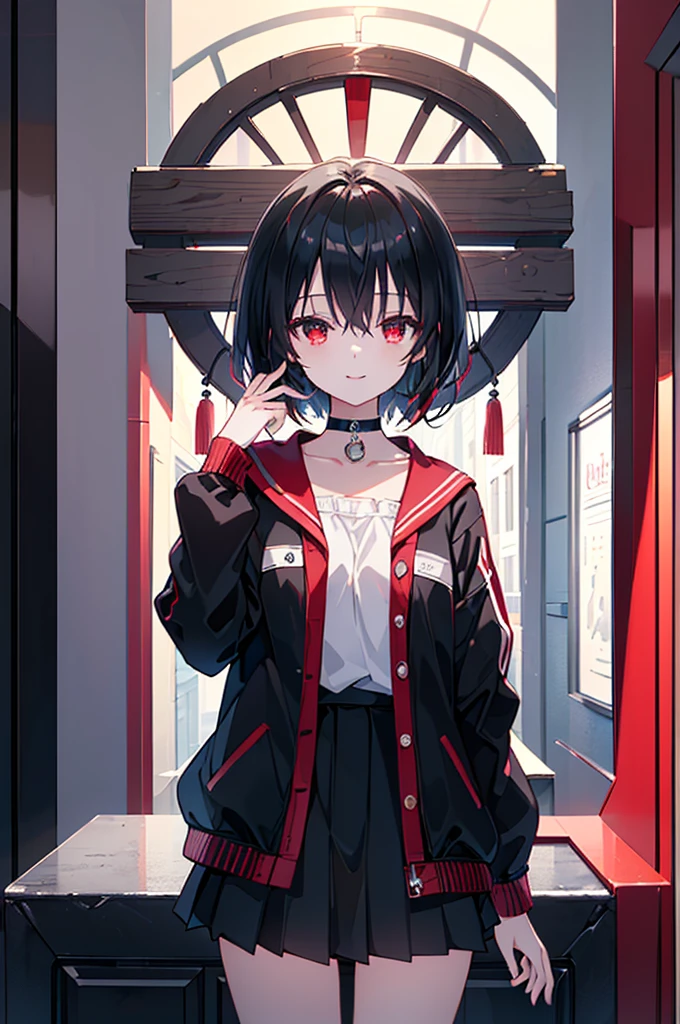 (masterpiece, highest quality, highest quality, (No text), Beautiful and aesthetic:1.2),No text,アニメ、BREAK,One Girl,Black Hair Girl short hair older sister choker Tree Eyes Beautiful eyes Red eyes cool smile Red and Black Black jacket mini skirt whole body In town