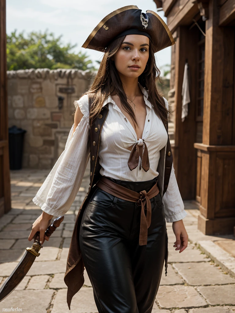 generated a full body of a 21 years old young white woman with dark brown hair, she wear in a detailed and stylish pirate costume poses confidently on the set of 'Pirates of the Caribbean.' Her outfit includes a tricorn hat with a feather, a fitted leather vest over a billowy white shirt, high-waisted trousers tucked into tall, weathered boots, and a decorative sash tied around her waist. She holds a cutlass at her side, ready for adventure