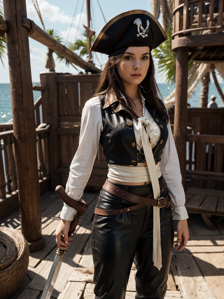 generated a full body of a 21 years old young white woman with dark brown hair, she wear in a detailed and stylish pirate costume poses confidently on the set of 'Pirates of the Caribbean.' Her outfit includes a tricorn hat with a feather, a fitted leather vest over a billowy white shirt, high-waisted trousers tucked into tall, weathered boots, and a decorative sash tied around her waist. She holds a cutlass at her side, ready for adventure