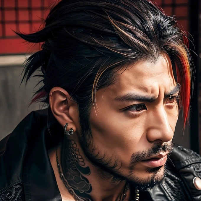1 man, Japanese man, male, Asian eyes, muscular, broad shoulders, yakuza tattoos, hairstyle Visual Kei style, hair Visual Kei, black men's shirt and black pants, ultra detailed face, hyperrealistic, realistic representation, long hair, long hair, 30 years old, age 30 years, blond, blonde hair