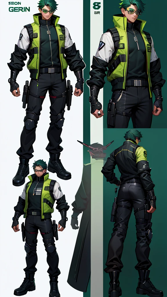 Character design sheet、Green short hair、Glasses、male、Tactical Vest、whole body、cyber punk, Surrealism, reference sheet, zoom layer, 8k, highres, best quality, UHD, anatomically correct