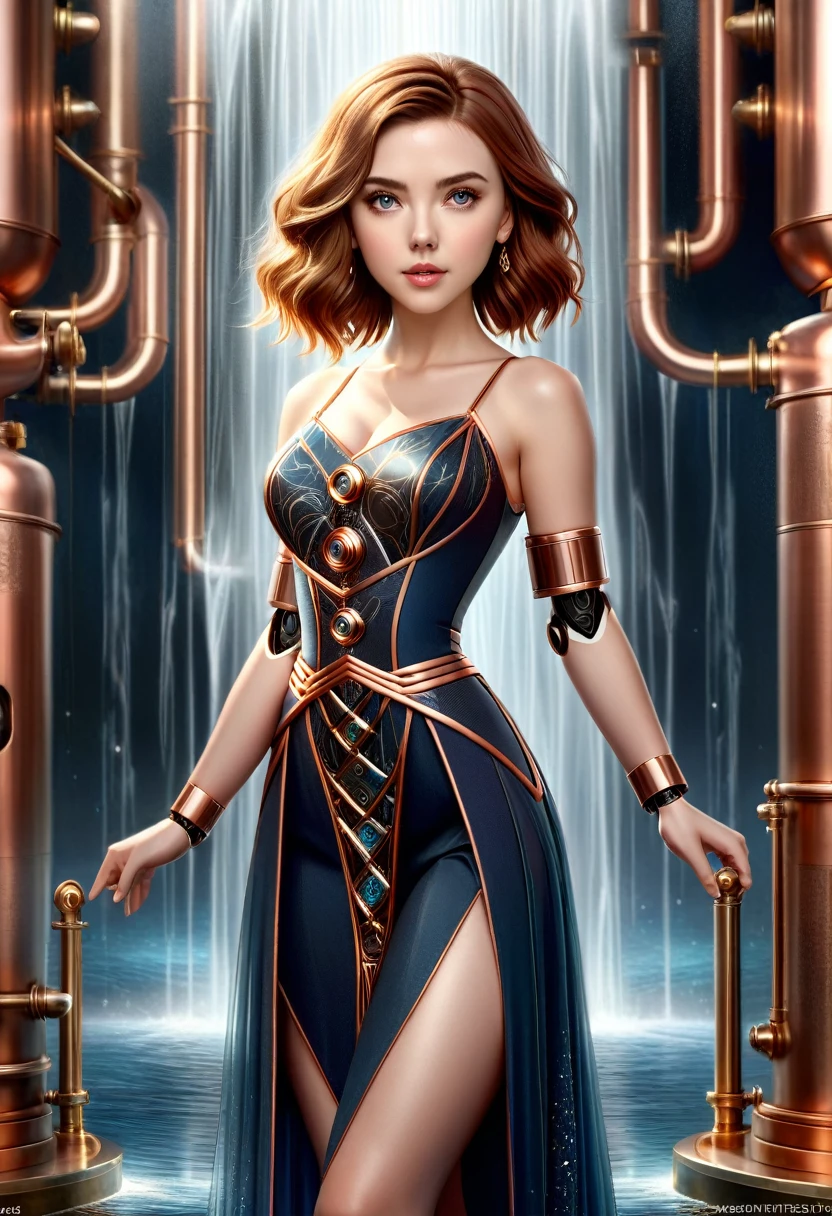 A stunning robot made of copper piping with hair made of intricate copper piping, cascading down like a metallic waterfall. She wears a dress fashioned from delicate, interwoven copper pipes, glinting under the light. Her visage is a mesmerizing blend of Alison Brie, Scarlett Johansson, and Dove Cameron, creating a unique, symmetrical face that exudes elegance and grace. The entire scene is rendered in photorealistic quality, capturing every fine detail with stunning clarity. The overall artwork is a masterpiece, presented in 8K high resolution, showcasing the top-quality craftsmanship and artistic vision.
