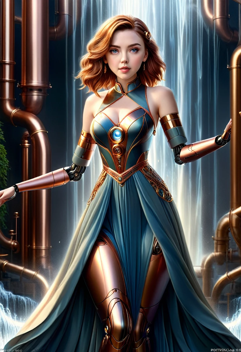 A stunning robot made of copper piping with hair made of intricate copper piping, cascading down like a metallic waterfall. She wears a dress fashioned from delicate, interwoven copper pipes, glinting under the light. Her visage is a mesmerizing blend of Alison Brie, Scarlett Johansson, and Dove Cameron, creating a unique, symmetrical face that exudes elegance and grace. The entire scene is rendered in photorealistic quality, capturing every fine detail with stunning clarity. The overall artwork is a masterpiece, presented in 8K high resolution, showcasing the top-quality craftsmanship and artistic vision.