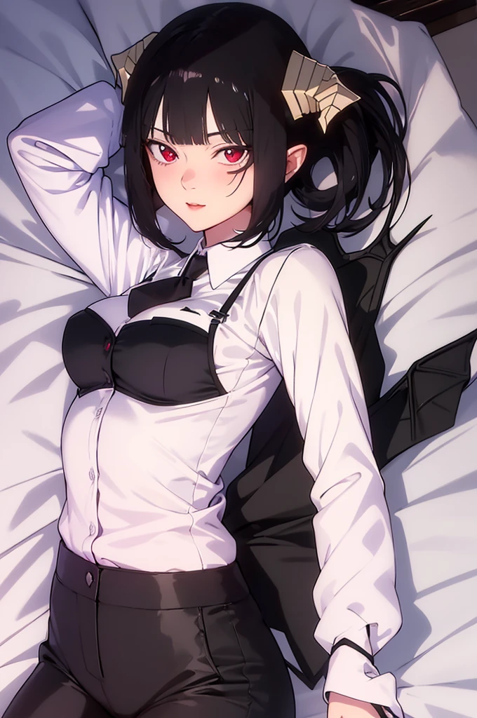 work of art, best qualityer, high resolution, 1girl horns short hair demon tail, white shirt black ascot black gloves black pants black vest lying on your back, sheet, arms up,blushed,face red,Hands behind the head,ssmile,Bblack hair,short thigh shorts,ssmile
