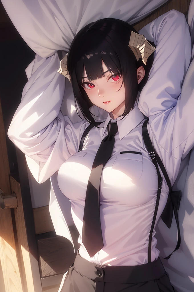 work of art, best qualityer, high resolution, 1girl horns short hair demon tail, white shirt black ascot black gloves black pants black vest lying on your back, sheet, arms up,blushed,face red,Hands behind the head,ssmile,Bblack hair,short thigh shorts,ssmile
