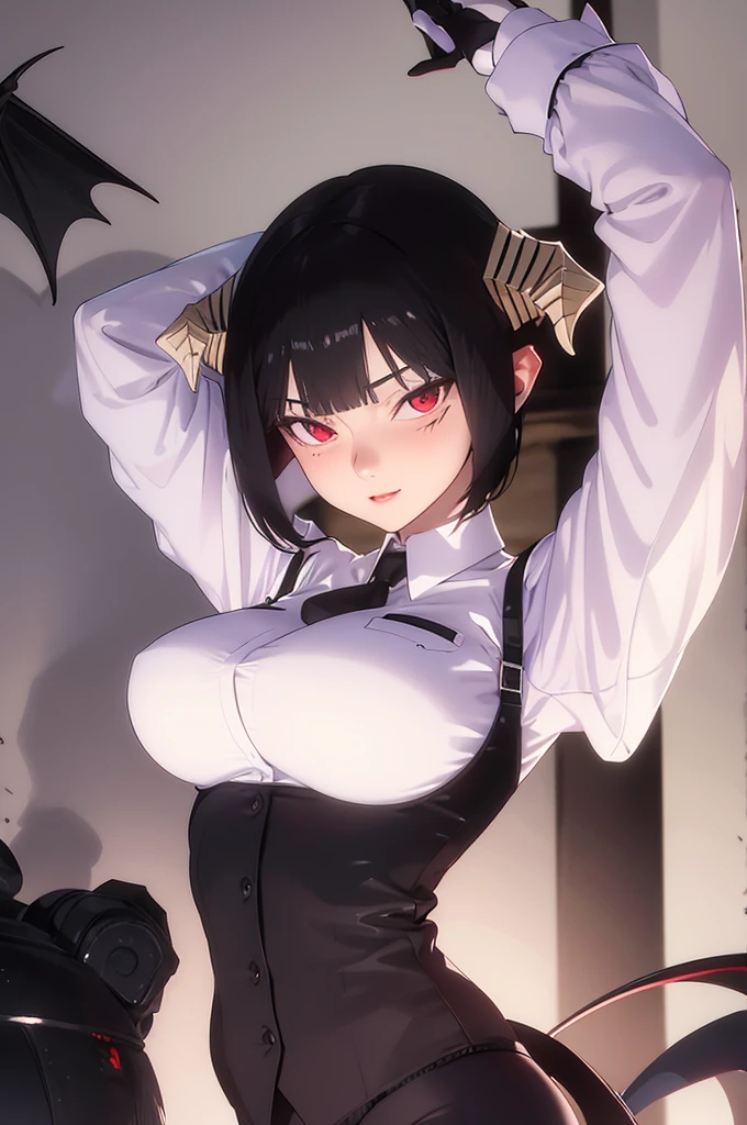 work of art, best qualityer, high resolution, 1girl horns short hair demon tail, white shirt black ascot black gloves black pants black vest lying on your back, sheet, arms up,blushed,face red,Hands behind the head,ssmile,Bblack hair,short thigh shorts,ssmile
