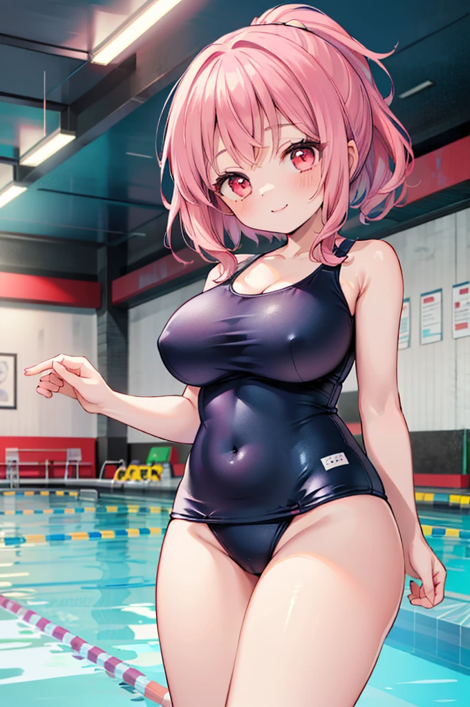 ((Masterpiece)),((high resolution)),((Best Quality)),Anime illustration,(((1girl))),,(wavy hair),(short hair),(pale pink hair color),small ponytail,Red eyes,(Big round eyes),((tareme)),,((loli face)),very big breasts)),Short stature,,one-piece swimsuit,smile,Ladylike,Pool,