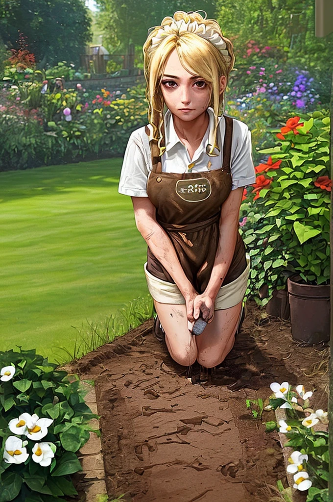 ((Female, blonde hair, brown eyes, in a garden, wearing dirty apron and shorts, on knees, , trowel in hand, gardener, 4k, great quality,