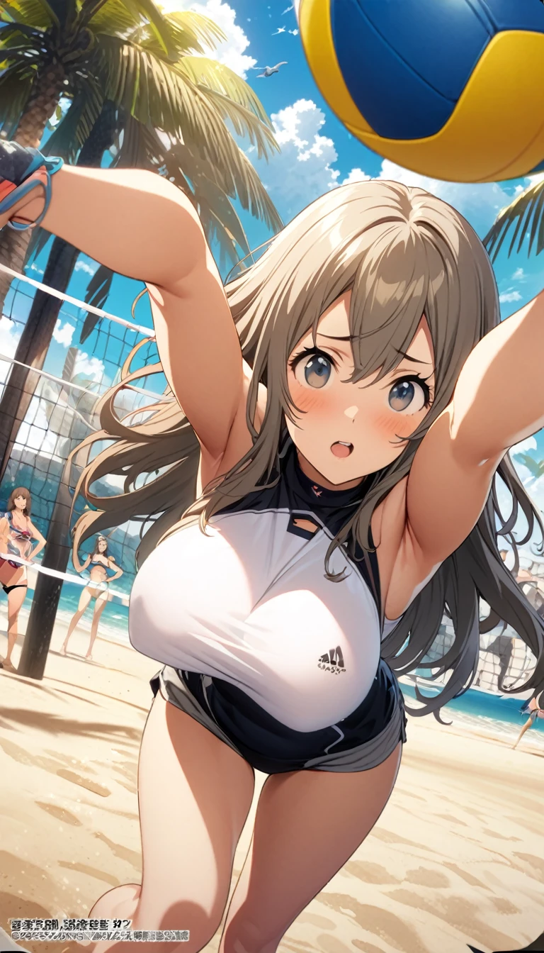 Beach Volleyball,Busty girl,High Saturation,CG Art, Makoto Shinkai's photo, pure, Concept Art, Lofi Art style,Shinkai Makoto animation art style, Lofi Art, Beautiful anime scene, Anime Landscape, Detailed scenery, Makoto Shinkai's style, Makoto Shinkai's style, Enhance Details