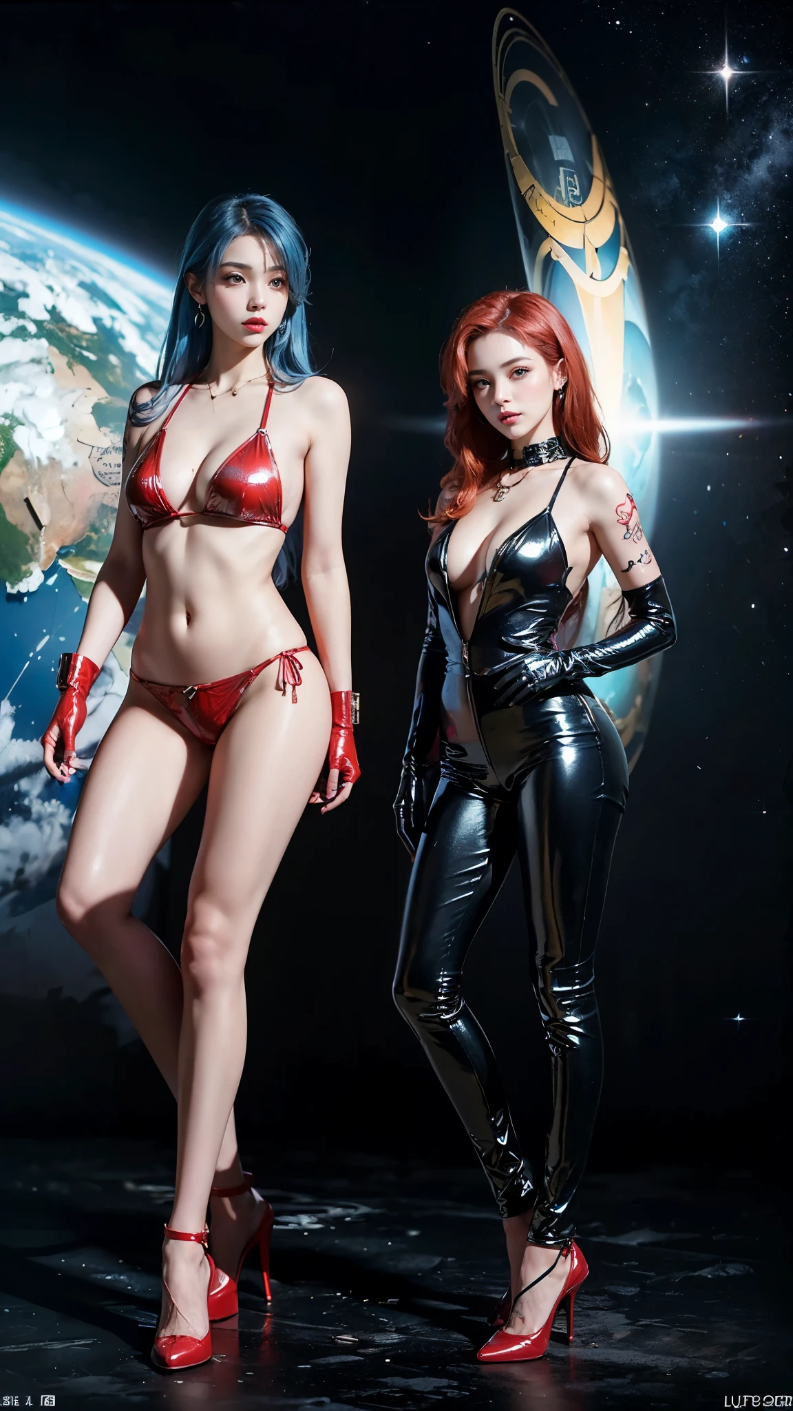 ((masterpiece:1.4)、(Highest quality:1.4)、(Realistic:1.7))、Masterpiece:1.4、(Top-notch rendering:1.4)、Beautiful Girl Dirty Pair 2、(Beautiful Space Investigator Dirty Pair:1.4)、(Space investigator duo Kei and Yuri)、(Kei and Yuri are cute girl names:1.2)、(Two investigators:1.4), (Kei and Yuri stand side by side...:1.4)、(By Luis Royo:1.4)、Body Fit Sexy Investigator Duo Uniform、(Shiny luxury latex:1.4)、(White Sleeveless Uniform Jacket)、(Underwear High Grade Red Latex Bikini)、(Luxury Red Latex:1.4)、19 years old、(Cute Tattoos:1.4)、(Wearing white gloves)、(Two cute girls:1.4)、Super Beauty、Sharp Focus、Portrait Photography:1.4、8K、Photorealistic images:1.4、(Perfect female body:1.4)、Perfect proportions、Sexy Couple、(Full body photography:1.4)、Beautiful Face、(Beautiful Skin:1.4)、Beautiful Eyes、Narrow waist:1.4、(9-body proportions beautiful girl:1.4)、(A beautiful girl with long legs and a good figure:1.4)、Beautiful feet:1.4、(Kay has red hair:1.4)、(Yuri has blue hair:1.4)、(Long Hair:1.2)、Beautiful breasts、Large Breasts:1.2、sexy ass、Raw photo、Red lips、Red high heels:1.4、choker:1.4、necklace:1.4、Earrings:1.4、1 Screen Display:1.4、Cyberpunk City:1.2