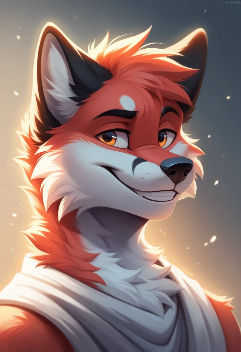 solo male, white fox, furry, smiling, red fur, Black fur stripe, netral, Traumatized face, dynamic lighting, illustration, portrait, beautiful, particles (high quality,4k,8k,highres,masterpiece:1.2), ultra-detailed, impressionistic:colorful,