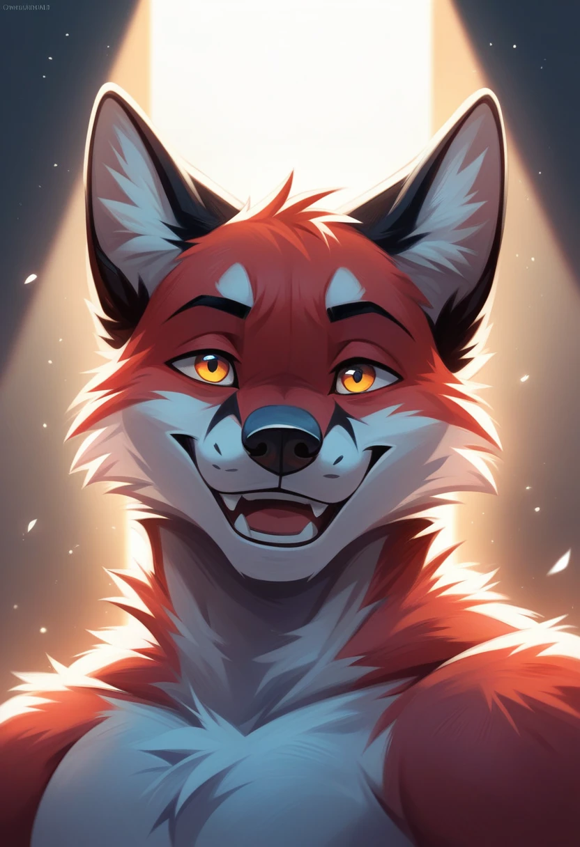 solo male, white fox, furry, smiling, red fur, Black fur stripe, netral, Traumatized face, dynamic lighting, illustration, portrait, beautiful, particles (high quality,4k,8k,highres,masterpiece:1.2), ultra-detailed, impressionistic:colorful,