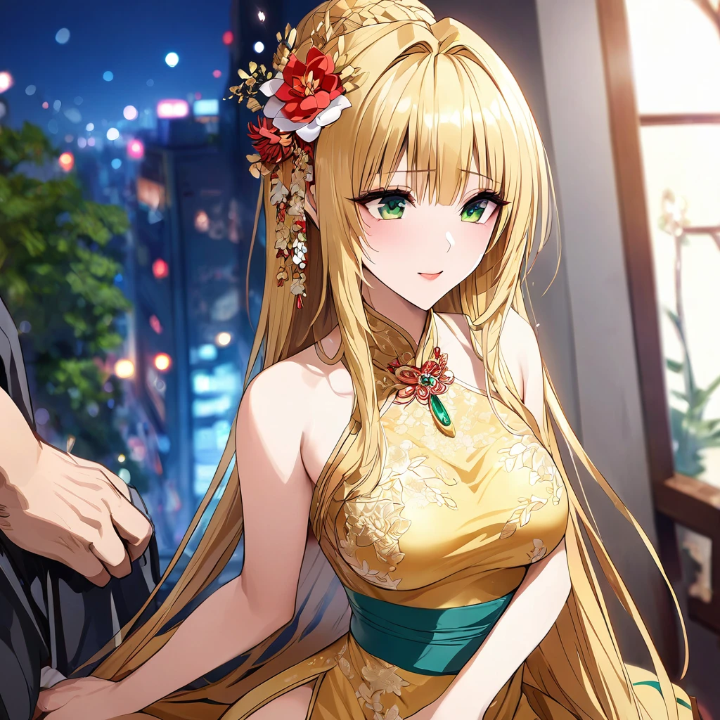 ((Highest quality)), ((masterpiece)), (detailed), (Perfect Face)、The woman, Tearje Lunatique, has green eyes, medium-long blonde hair tied up, and is dressed in a gorgeous red Chinese dress with gold embroidery and trim, and is lavishly decorated with gorgeous accessories and an engagement ring.