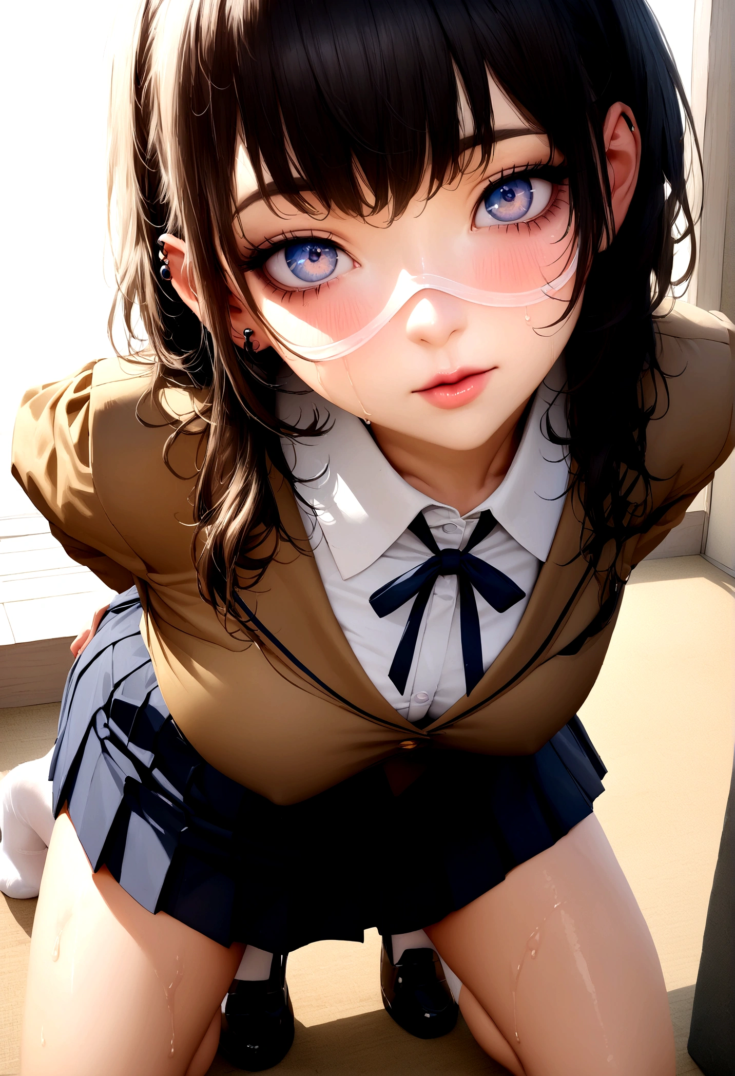 ultra detali、high resolution、transcendent beauty maximum quality、Masterpiece artwork、SockajicMIX Real dark blue、(RAW photograph:1.2)、(Photorealistic:1.4)、The beauty of beautiful details and delicate facial expressions、a blond、((Panties are visible))(Squatting panties photos)piercings、eyelash、glare eyes、glossy lip、beautiful detailed eyes、huge filesize、、(Japanese female school uniform))、Very detailed expression、fine-details、Highly detailed facial film lighting、an 18 year old girl、facing forward、((dynamic poses)))、(open posture))、(Go from the bottom to the top:1.5), pleatedskirt、blazers、Sexy top eyes, (Open your crotch to show your panties:1.5), (White-panties:1.5), (black short hair:1.5), (wet and transparent panties:1.0), (shapely body:1.5)