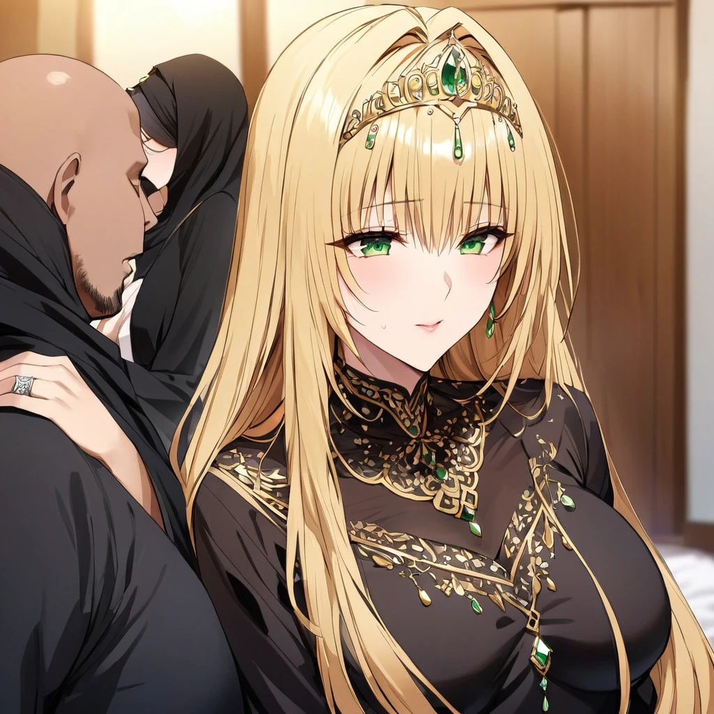 A woman is being raped by a man、((Highest quality)), ((masterpiece)), (detailed), (Perfect Face)、The woman is a devout Muslim Tiara with deep dark skin, and is wearing a gorgeous, glittering abaya with gold embroidery at an Islamic prayer hall, a gorgeous hijab, a gorgeous hair ornament, and gorgeous jeweled accessories and an engagement ring.、The woman is an elegant Tiara with green eyes, medium blonde hair and a gorgeous hijab. She is a Muslim Arab Tiara with bright brown skin and wearing an abaya.、(The woman is a dark-skinned Arab devout Muslim named Tiara.)