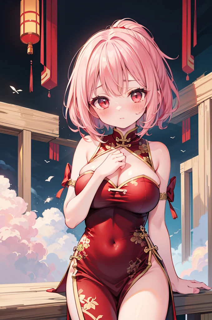 nsfw,((Masterpiece)),((high resolution)),((Best Quality)),Anime illustration,((1girl)),(wavy hair),(short hair),(pale pink hair color),small ponytail,Red eyes,(Big round eyes),((tareme)),,((loli face)),ry big breasts)),Short stature,,,china dress,blush,I'm very embarrassed,arms up behind,