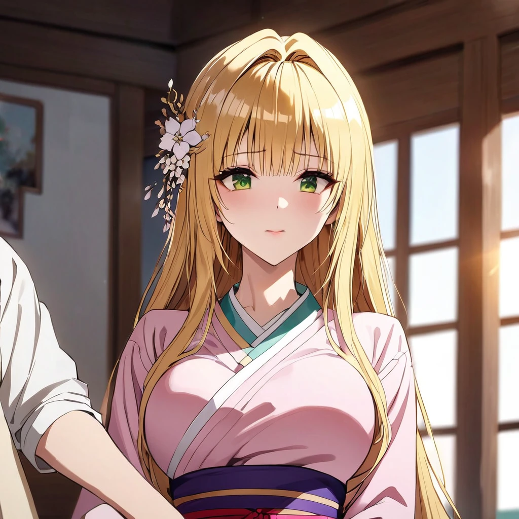 A woman is being raped by a man、((Highest quality)), ((masterpiece)), (detailed), （Perfect Face）、The woman in the Korean palace is a Korean Tiayoo, wearing a gorgeous and glittering hanbok (traditional Korean dress) in a Korean mansion, with a gorgeous hair ornament, gorgeous jeweled accessories, and an engagement ring.、The woman is an elegant tiare with green eyes and medium-long blonde hair. The woman is a Korean tiare wearing a hanbok.