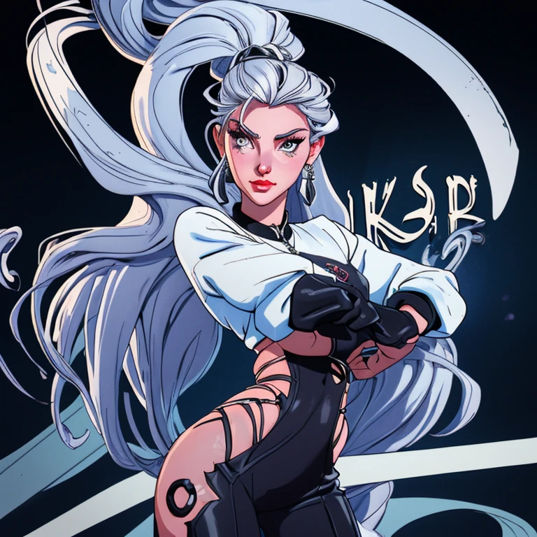 A sexy cartoon woman in warrior attire posing gracefully for a photo, Sexy beauty, straight silver hair, gurreira sexy, inverted triangle body type, Waist slender, silver hair, sensual girl, charmer, mulher de corpo inteiro, wearing sexy outfits, beautiful seductive woman, hourglass figure, cartoon vector style, corpo pin-up, Broad Hips