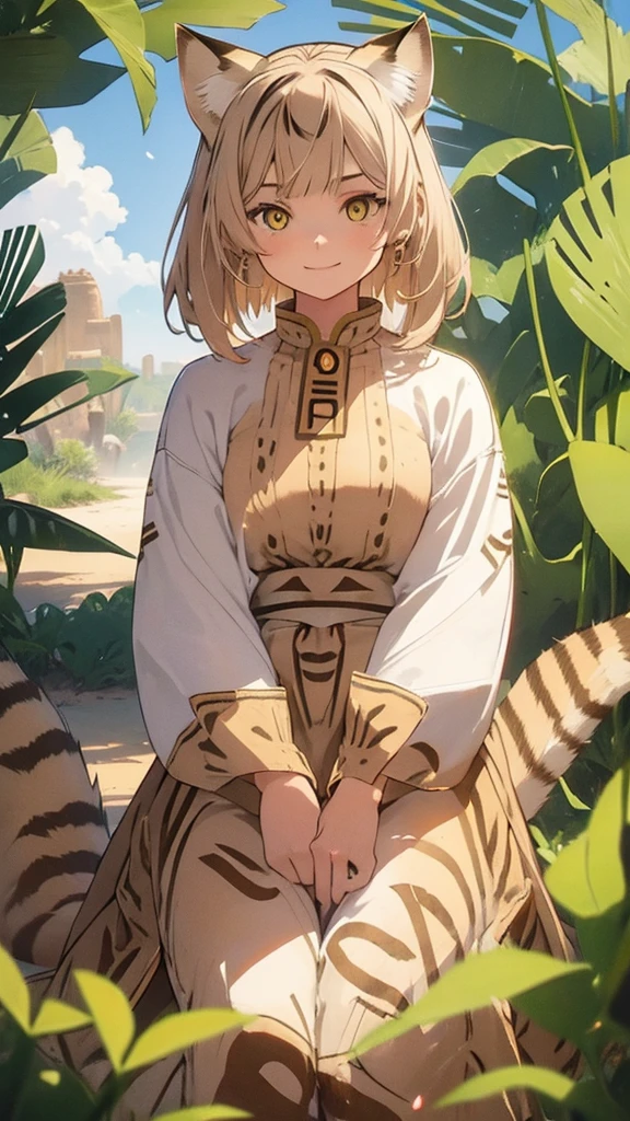 ((girl sand cat)), ((in african traditional clothes)), smile, 1.2:jug in hands, desert, very hot, a sun, wallpaper, manga art, professional art, ultra aesthetic, body detailed, hdr, pixiv, masterpiece, palms are detailed,
