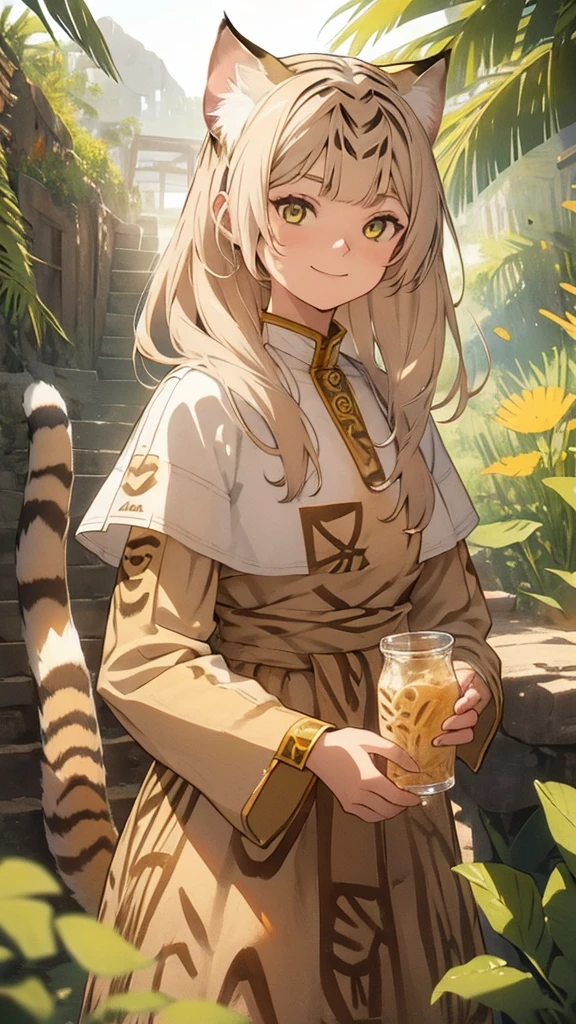 ((girl sand cat)), ((in african traditional clothes)), smile, 1.2:jug in hands, desert, very hot, a sun, wallpaper, manga art, professional art, ultra aesthetic, body detailed, hdr, pixiv, masterpiece, palms are detailed,
