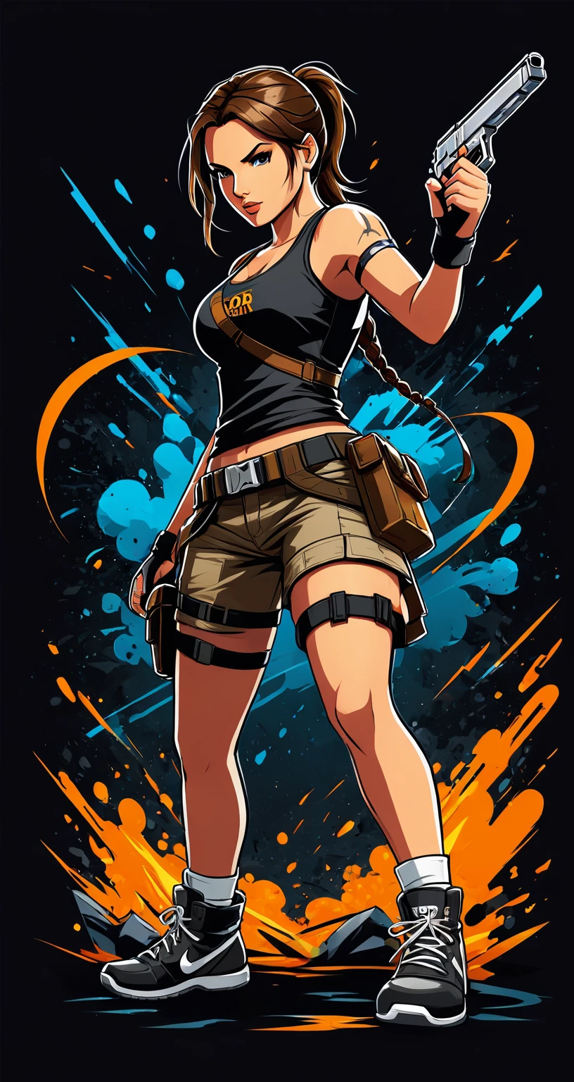Lara Croft style fighting game, Hip-Hop Style, t shirt design, flat-colors, vectorial art,  ((black backdrop)) . dynamic, Vibrant, full of action, detailed character design, reminiscent of fighting video games