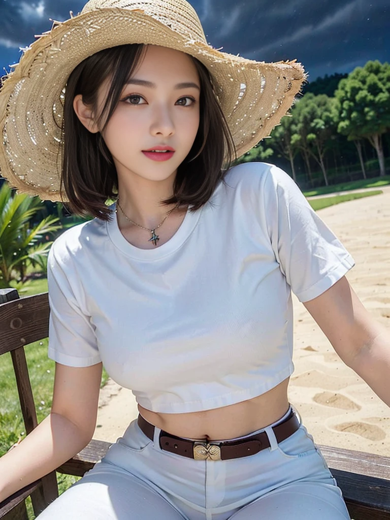 Look at this and smile、Colorful summer clothes、top quality、masterpiece、超High resolution、(actual:1.4)、Very wide lens、close up、Young woman beautiful、Nice detailed eyes and skin、smile、Short brown hair haircut、bust、Small necklace、、straw fedora hat、、Summer sky、(highest image quality: 1.35), high quality, Realistic photo, (A beautiful woman:1.33), beautiful expression, (delicate eyes:1.3), (delicate face:1.3), Smile, (light hair silhouette:1.2), Super detailed , high resolution, Athletic figure, (big breasts:1.25), (long hair:1.2), (beautiful woman), (Cute navel:1.2), ( Depth of field f/1.8:1.45 ), sharp focus, original image , (Thin white shirt:1.45), (Thin white pants:1.4), (Thin white tight pants:1.4 ), (shirt thin white eyelashes:1.4), (thick thighs:1.5), (forward facing:1.25), (cowboy photo:1.4), (night sports:1.4), ( dark sky:1.5 ),