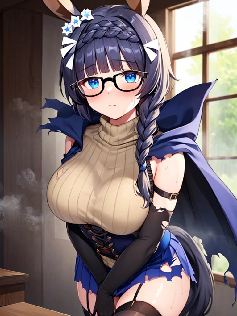 (((zenno rob roy, umamusume,))) braids, blunt cut, medium hair, braid, silver hair, blue eyes, droopy eyes, pale skin, glasses, cute face, huge breasts, tiny, , disproportionate breasts, blush, embarrassed, wet skin, shiny skin, sweat, steam, humid, ((((beige Turtleneck Sweater, Bare shoulder, black elbow gloves, blue corset skirt, black thighhighs, blue cape, torn clothes, torn,)))) see-through, 