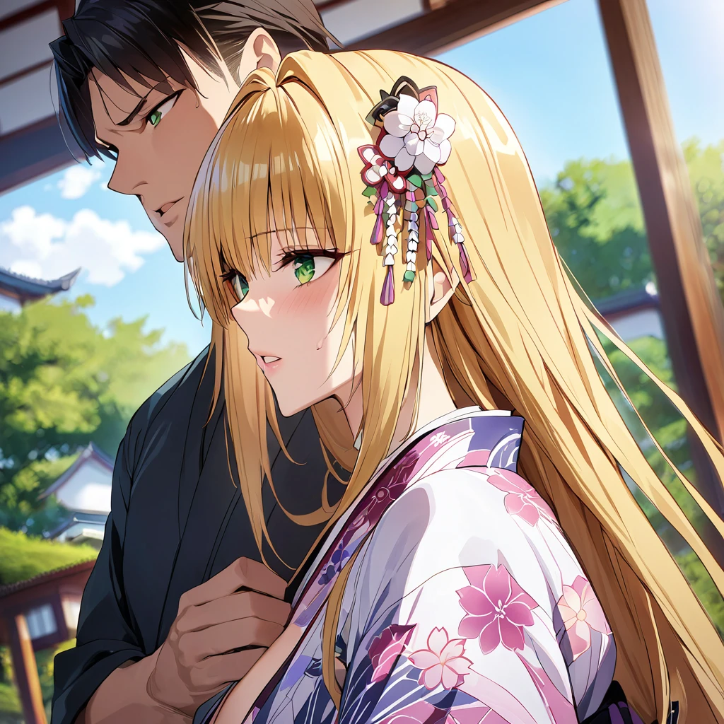 A woman is being raped by a man、((Highest quality)), ((masterpiece)), (detailed), （Perfect Face）、The woman in the Japanese garden is a Japanese Tiare, wearing a gorgeous and dazzling kimono, gorgeous hair ornaments, gorgeous jeweled accessories, and an engagement ring.、The woman is an elegant Tieryu with green eyes and blonde medium-long hair. The woman is a Japanese Tieryu wearing a Japanese kimono.