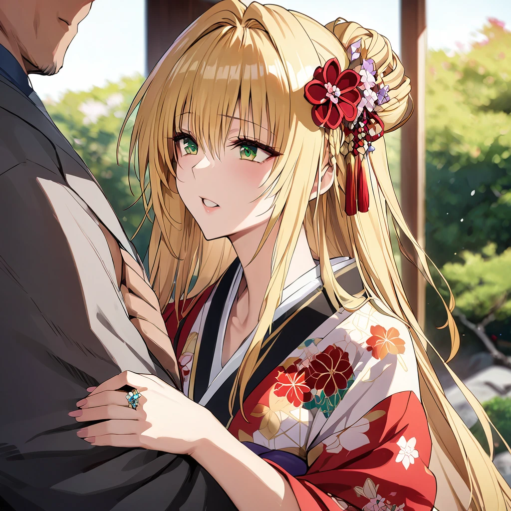 A woman is being raped by a man、((Highest quality)), ((masterpiece)), (detailed), (Perfect Face)、The woman in the Japanese garden is a Japanese Tiare, wearing a gorgeous and dazzling kimono, gorgeous hair ornaments, gorgeous jeweled accessories, and an engagement ring.、The woman is an elegant Tieryu with green eyes and blonde medium-long hair. The woman is a Japanese Tieryu wearing a Japanese kimono.