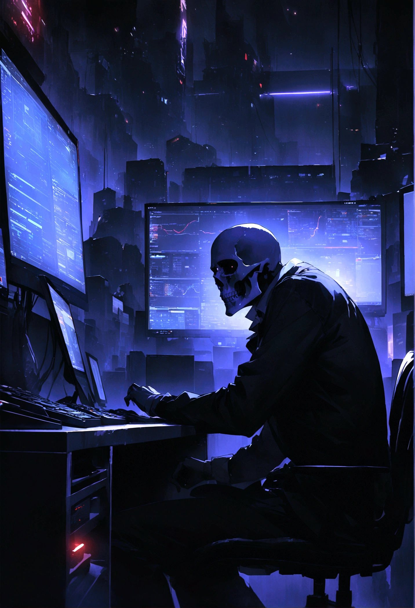 "An evil skull day trader sitting in front of several computers trading in the financial market on the mt5 platform, high quality image. Add the text to the image "Eder Santo Professional trader investments the terror in the financial market"