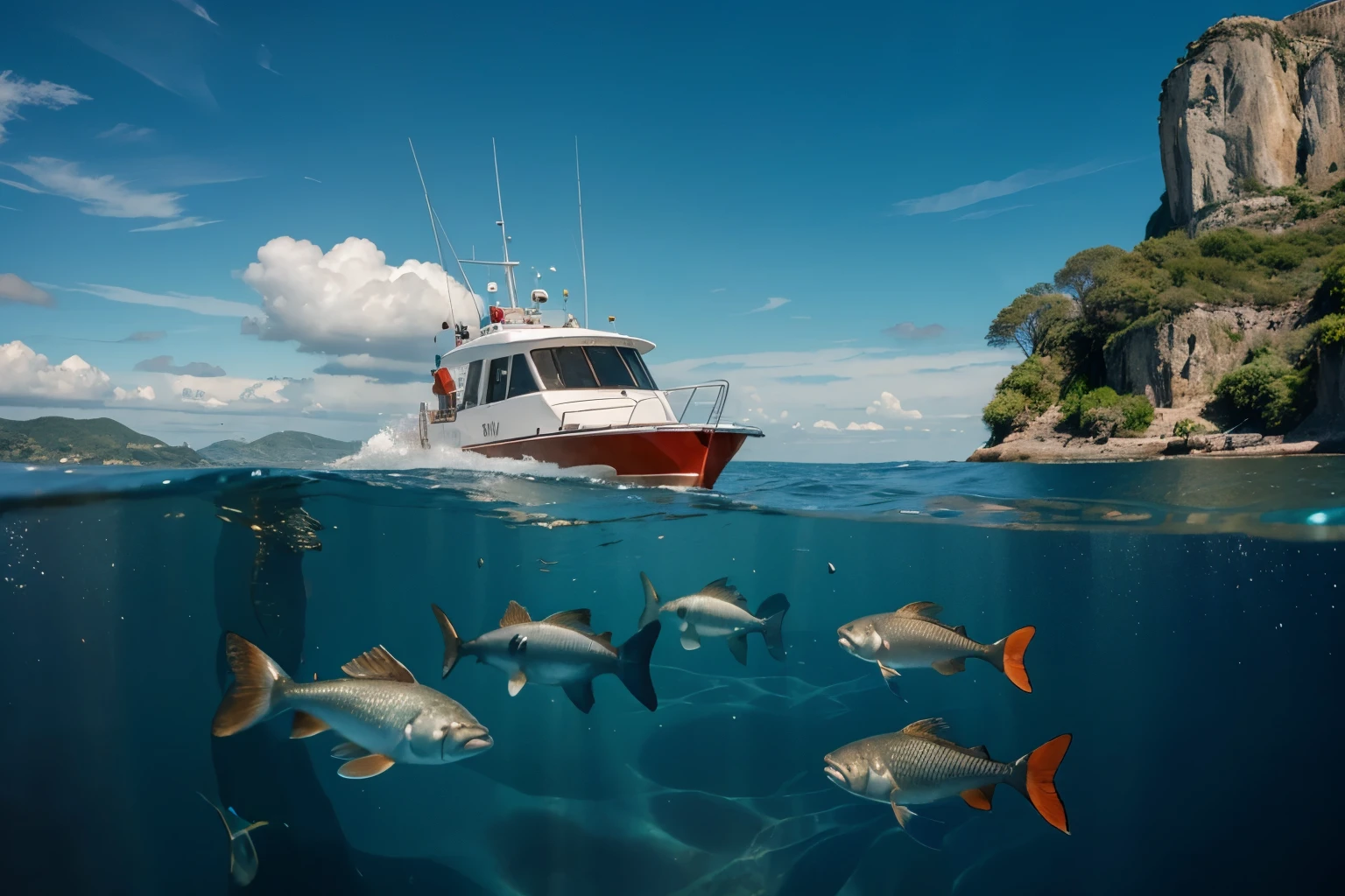 realistic photo of a small motorboat in the sea,fish swimming around, fish in the sea, beautiful background, 4k, detailed, details, HD