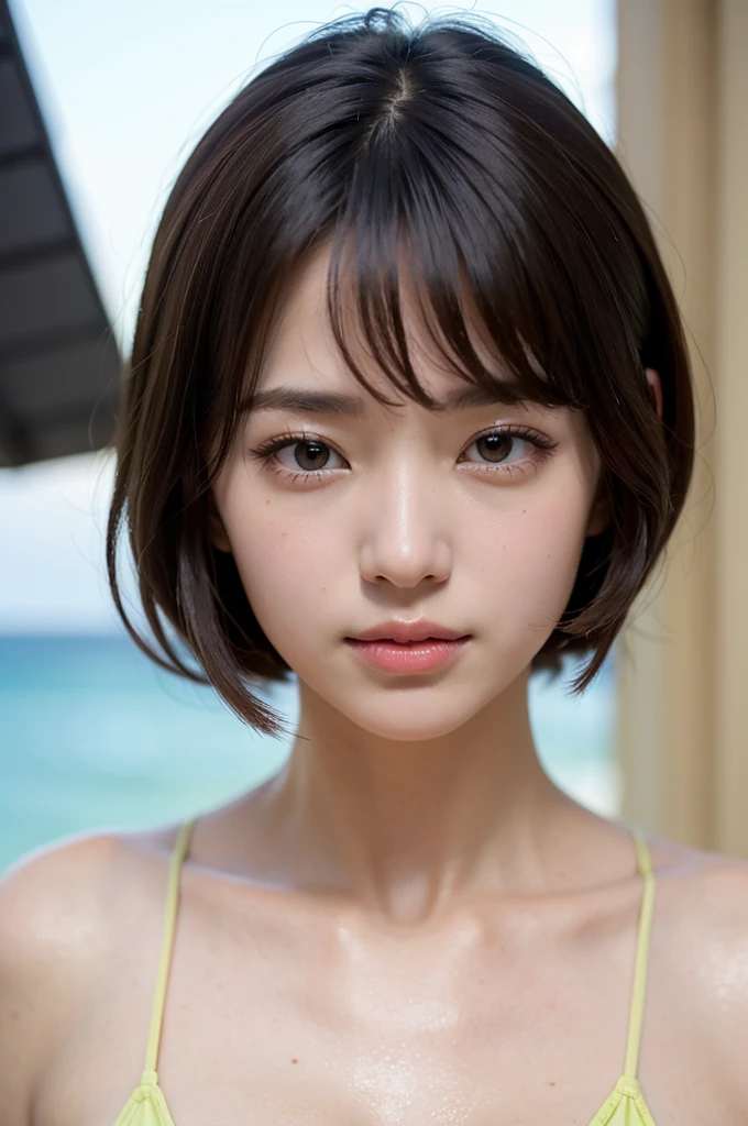 ((Highest quality)),((8K、32k)),(Genuine)、(detailed)、(Beach)、((Bust up shot))、((face closeup))、(White skin)、(Big Breasts)、Golden ratio of face to shoulder width、Micro Bikini、Shiny Hair、Short Hair、Glowing Skin、Japanese、beauty、Looking into the camera、Thick lips、cute、Hehehe:1.2、Shot with a film camera、RAW shooting、#24、Genuine、Photo Genuine:1.4、Photon Mapping、Physically Based Rendering、Perfect Anatomy、Detailed decollete、Detailed Eyes、Detailed double、Detailed masseter muscle、Detailed clavicle、Perfect Fingers、Finger Description、(Quality 8K)、((White skin))、Avoid mascara、Hair with movement、Detailed pores、Natural light、Detailed description、Blushing、Fine pores、Perfect cleavage、masterpiece、Blushing、Hair with movement、Detailed abdominal muscles、Sparkling、sexly、Detailed armpit、(slender)、(Upper Body)、Detailed Eyes元、