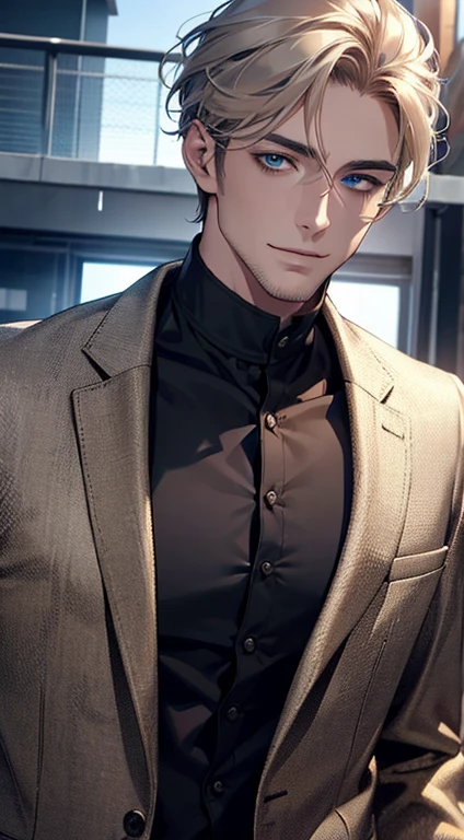 (best quality,4k,8k,highres,masterpiece:1.2),ultra-detailed,(realistic,photorealistic,photo-realistic:1.37),1 man,31 years old,mature man,very handsome,without expression smile in love,short grey golden hair,blue eyes,penetrating gaze,perfect face without errors,imposing posture,businessman,office background,cinematic lighting,hdr image