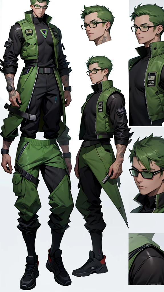 Character design sheet、Green short hair、Glasses、male、Tactical Vest、whole body、cyber punk, Surrealism, reference sheet, zoom layer, 8k, highres, best quality, UHD, anatomically correct