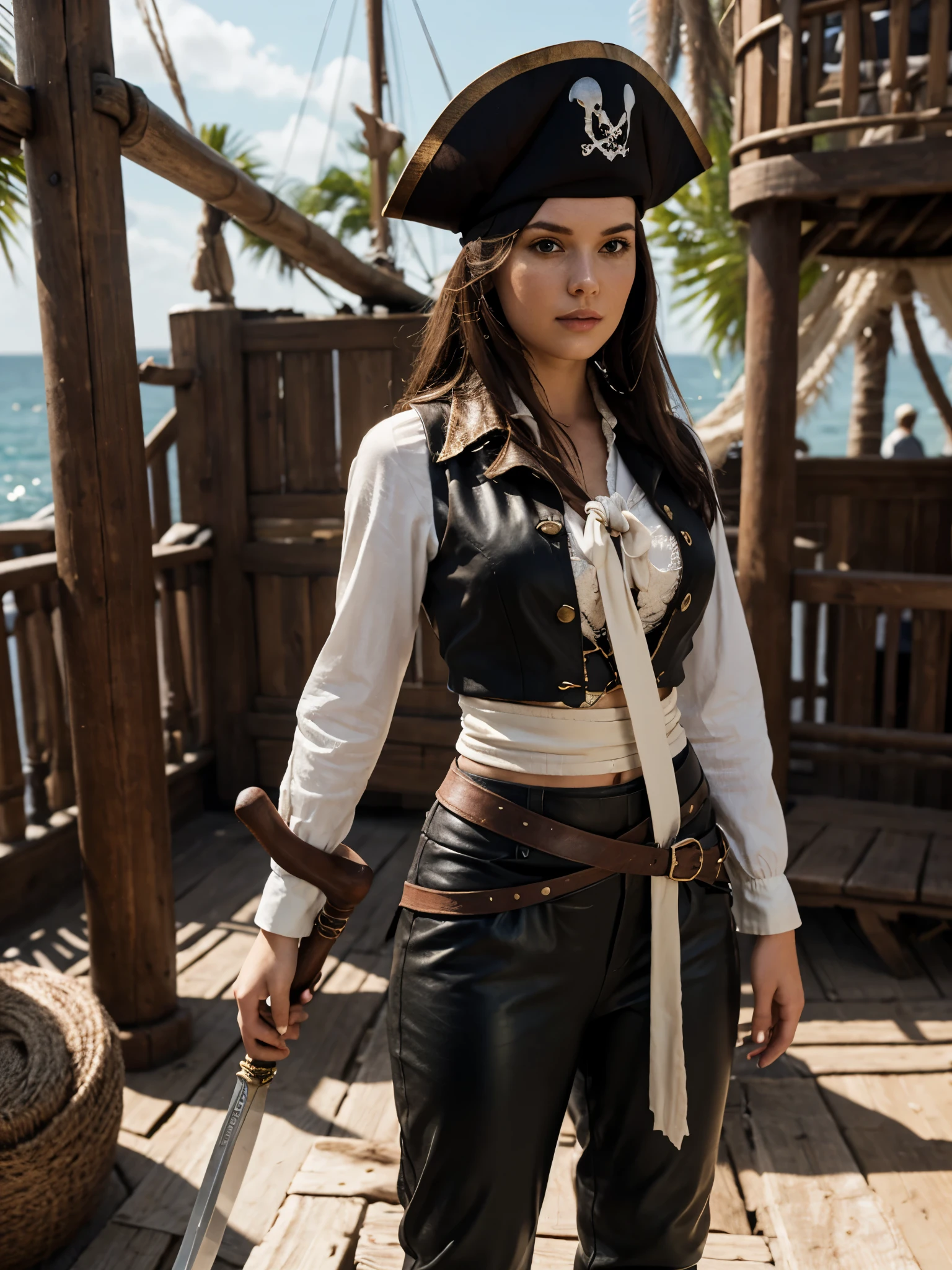 generated a full body of a 21 years old young white woman with dark brown hair, she wear in a detailed and stylish pirate costume poses confidently on the set of 'Pirates of the Caribbean.' Her outfit includes a tricorn hat with a feather, a fitted leather vest over a billowy white shirt, high-waisted trousers tucked into tall, weathered boots, and a decorative sash tied around her waist. She holds a cutlass at her side, ready for adventure