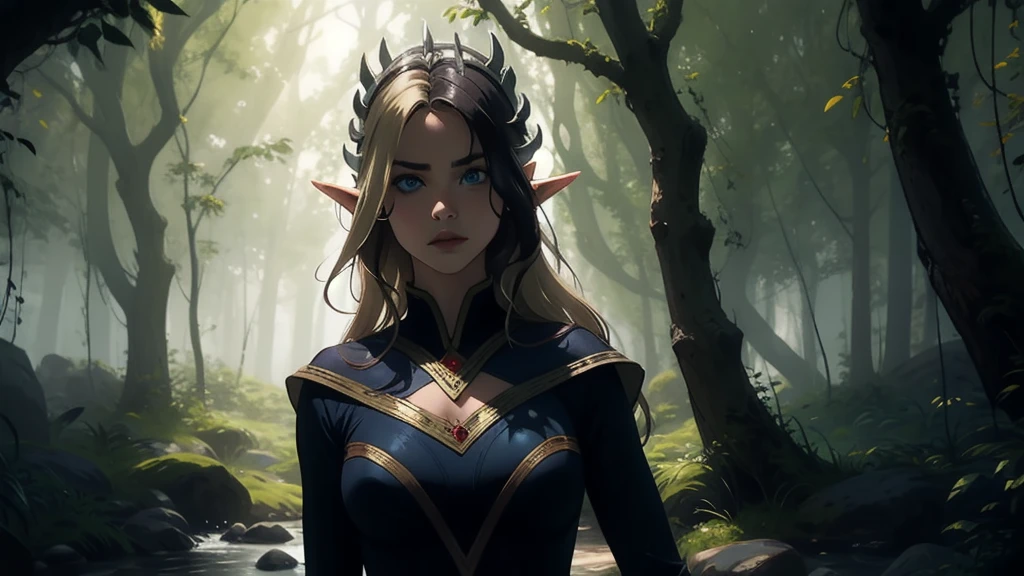 "Elf with a captivating look, unearthly beauty, flowing golden hair, pointed ears, dressed in elaborate elven attire, surrounded by a mystical forest, soft sunlight, breaking through lush greenery."