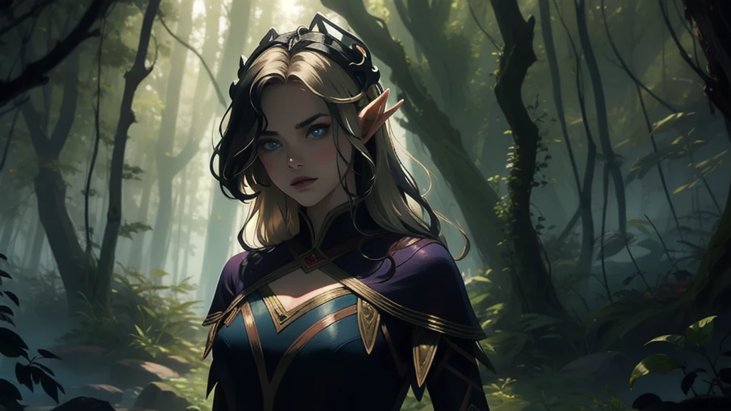 "Elf with a captivating look, unearthly beauty, flowing golden hair, pointed ears, dressed in elaborate elven attire, surrounded by a mystical forest, soft sunlight, breaking through lush greenery."