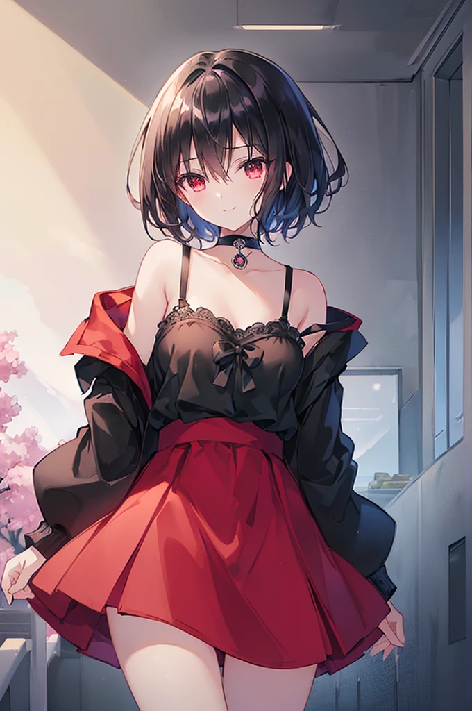 (masterpiece, highest quality, highest quality, (No text), Beautiful and aesthetic:1.2),No text,アニメ、BREAK,One Girl,Black Hair Girl short hair older sister choker Tree Eyes Beautiful eyes Red eyes cool smile Red and Black Black jacket mini skirt whole body In town