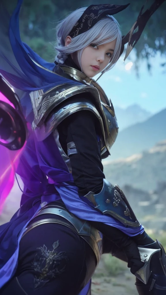 1girl, 1boy, (best quality, beruka, gauntlets), armor, purple scarf, black gloves, pants, boots, bandana on the head, sitting, in front, trees, mountain, beautiful scenery in the background, soft sunset, subtle reflections on the ground.