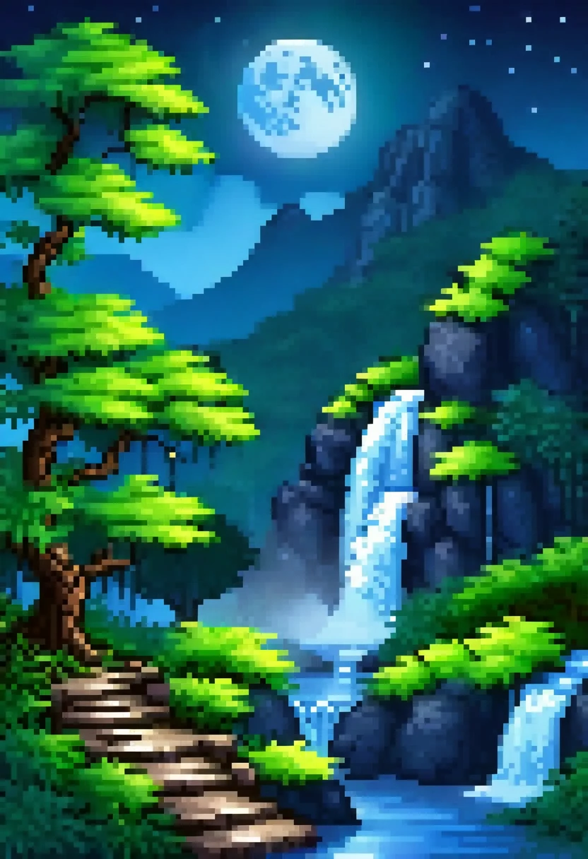 a background having blue moon night time with waterfall scenary.