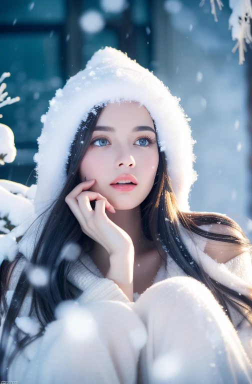 Beautiful girl, blue eyes, long curly white hair witg, detailed facial traits, beautiful earrings, national turkic female dress, naked breasts, yurta behind, it's snowing, sexy pose